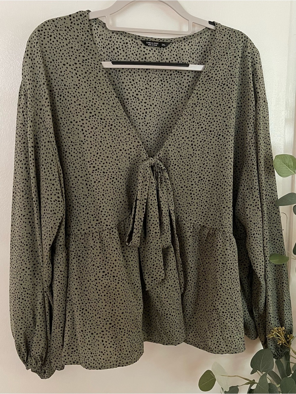 SHEIN Olive Green Polka Dot Tie-Front Peplum Blouse